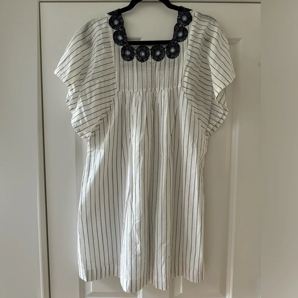 Madewell Linen Embroidered Butterfly Dress SZ XS White Navy Pinstripe - Picture 6 of 15